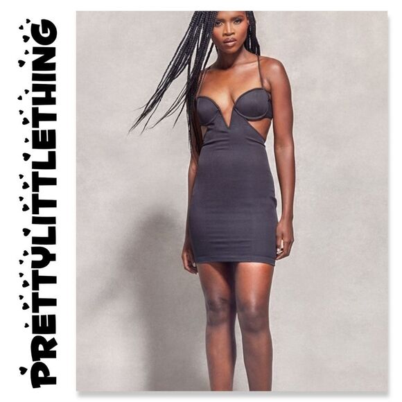 NWT Prettylittlething Black V Bar Detail Strappy Open Back Dress - Picture 1 of 5